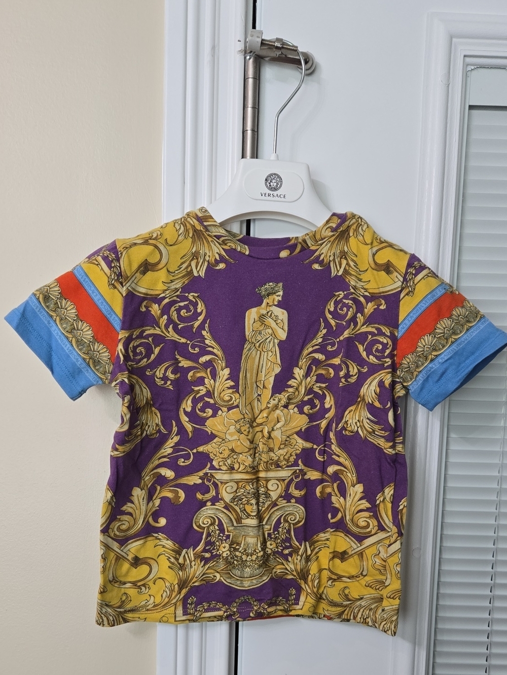 Versace Kids Purple, Yellow & Blue Baroque Statue Print Tee